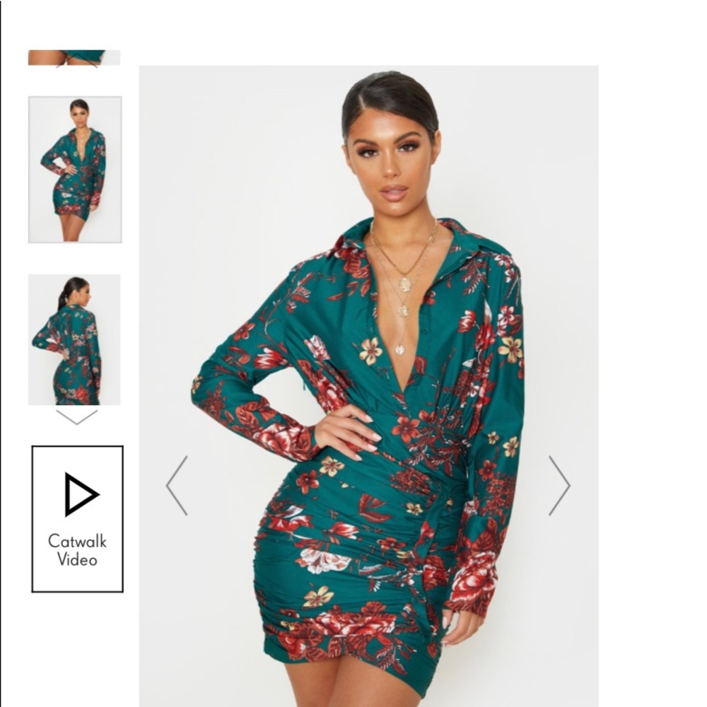 Green Floral Ruched Wrap Shirt Dress